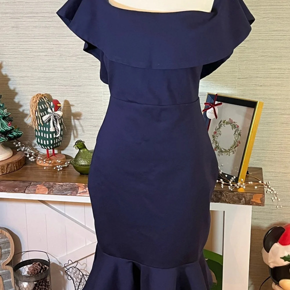Lulus Navy Blue Confidence Boost Off The Shoulder Bodycon Midi Dress Medium - Picture 2 of 8